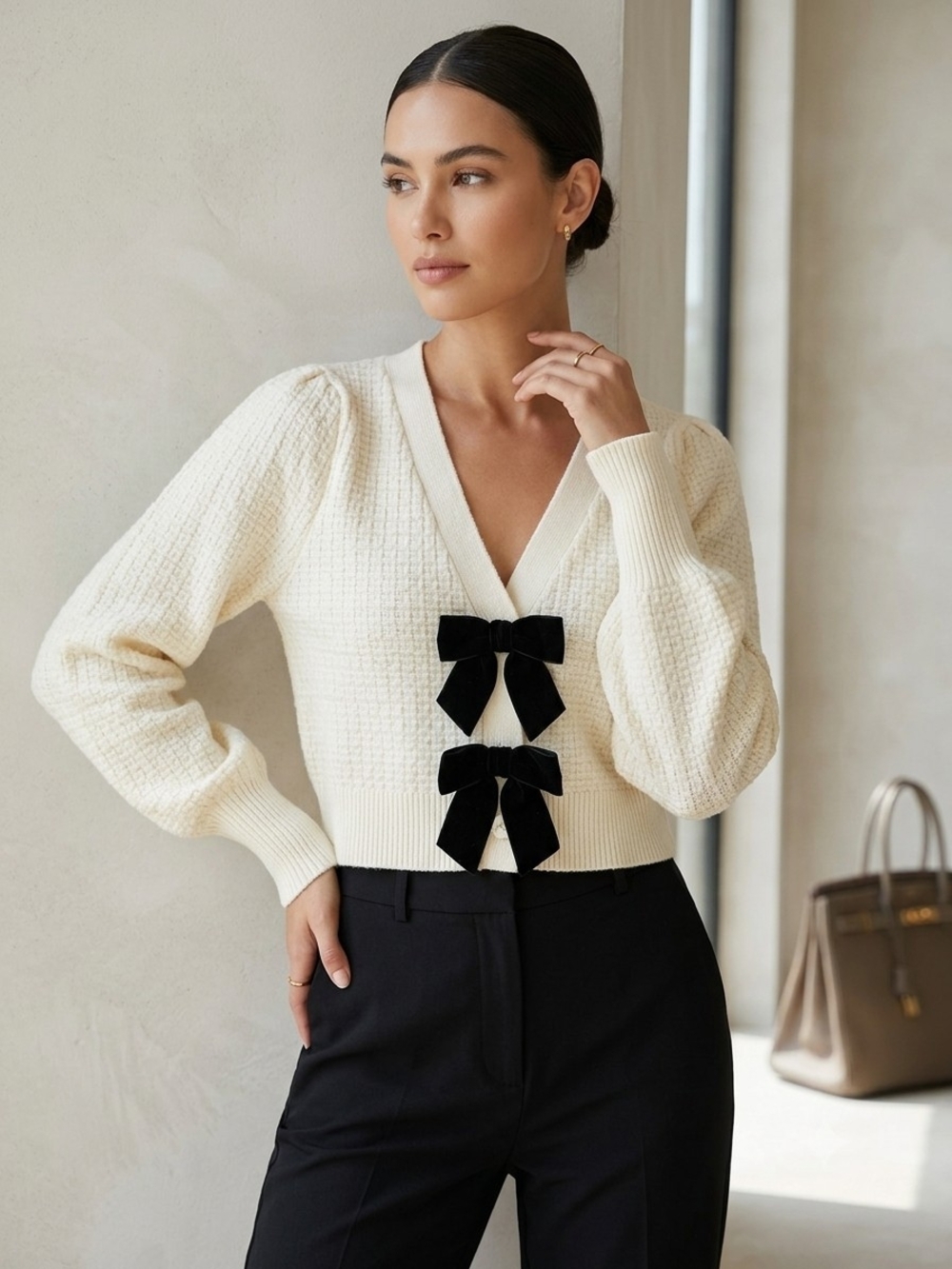 VICI Cream Textured Bow Cardigan Sweater Medium